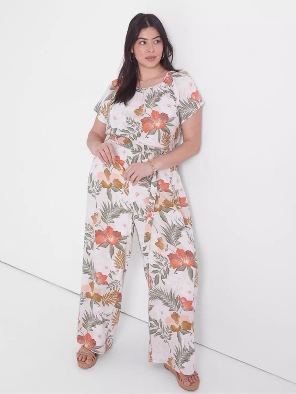 Lane Bryant Linen Blend Smocked Neck Wide Leg Jumpsuit Womens 18
